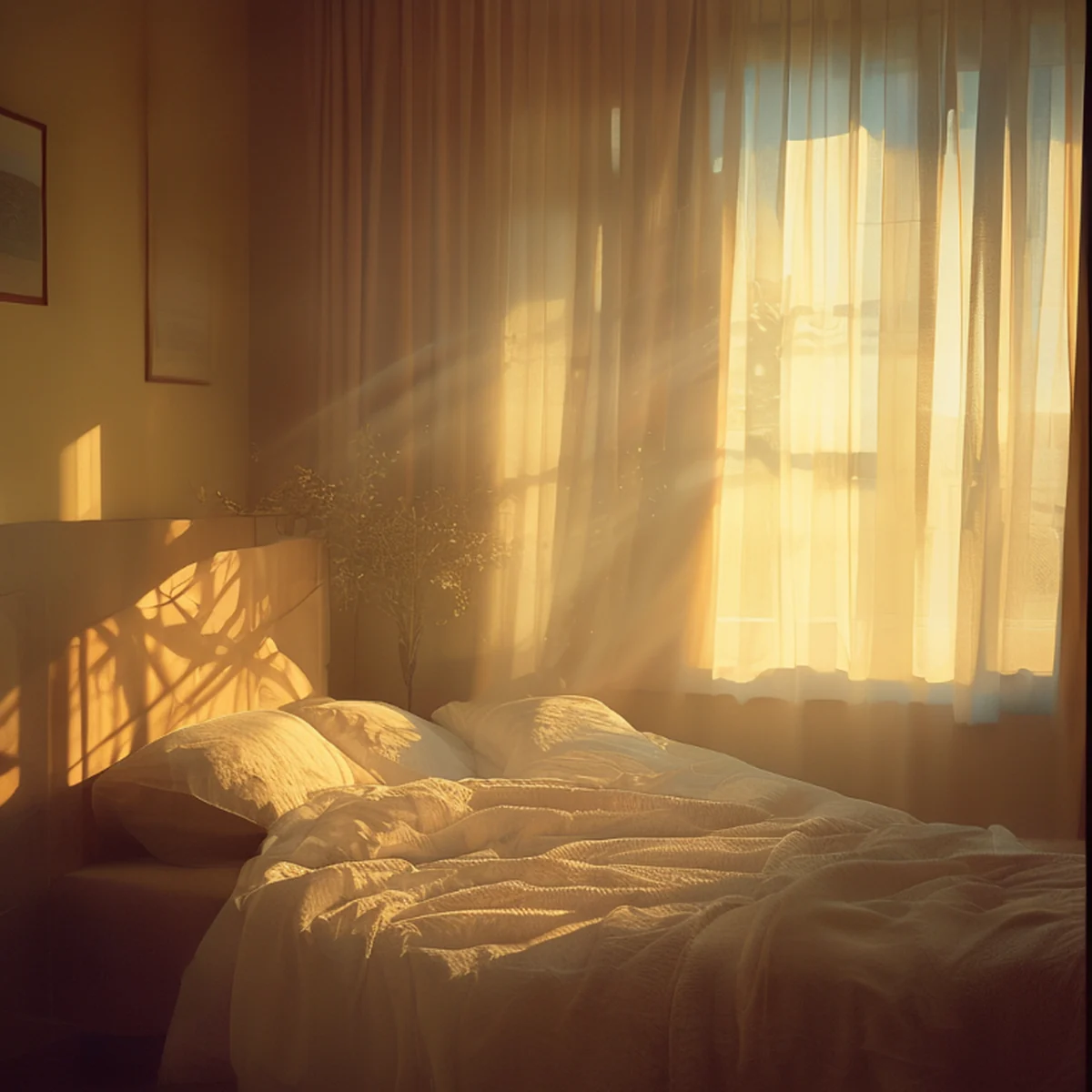 A calm and peaceful bedroom setting during golden hour