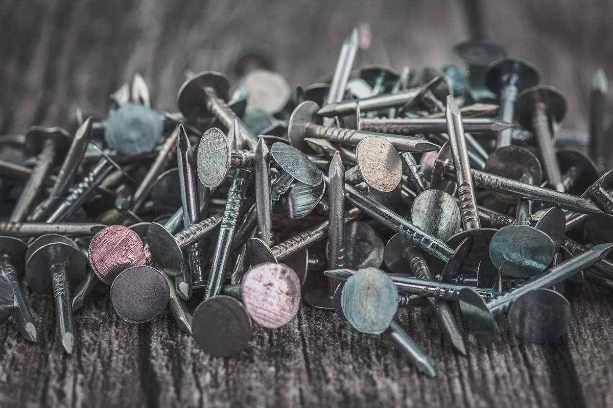 roofing nails, nail, multicoloured, zinc plated, zinc, metal, roof-cardboard pins, flat head, stole, industry, glittering, tool, hardware, iron, metallic, repai