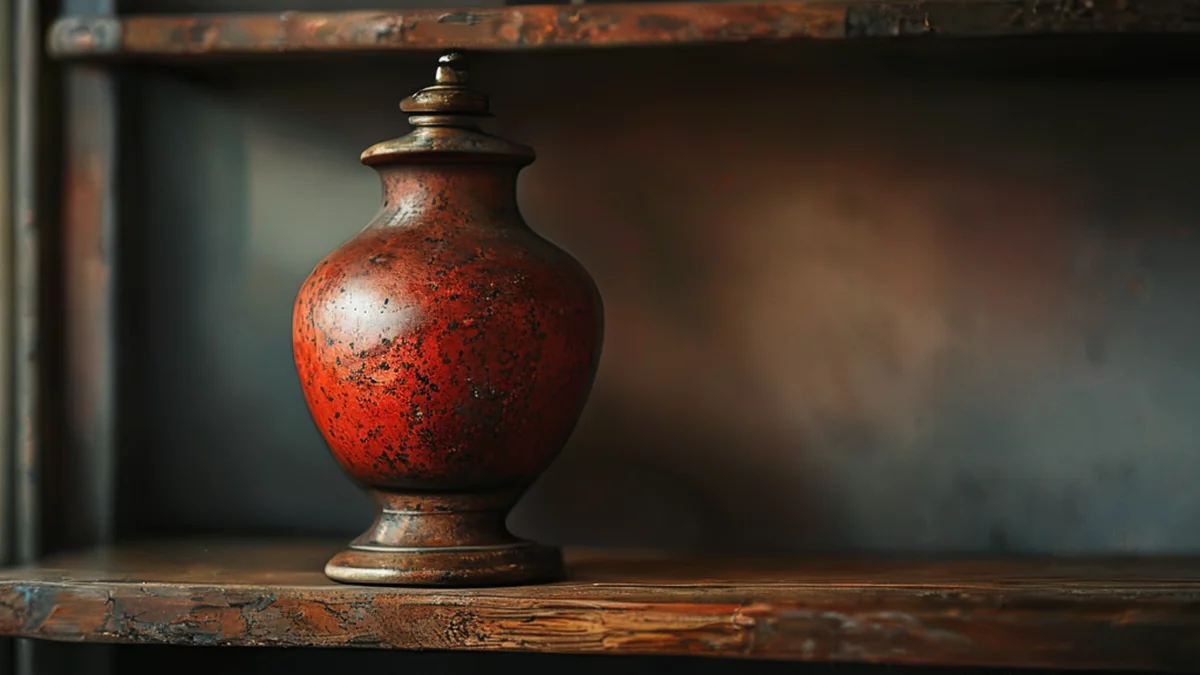 Rostige Keramiklampe, dunkelrot mit metallischen Flecken, auf Holzschrank, bewölkter Taglicht, 35mm-Objektiv, flache Schärfe, photo-realistisch, scharfe Schärfe, hohe Details