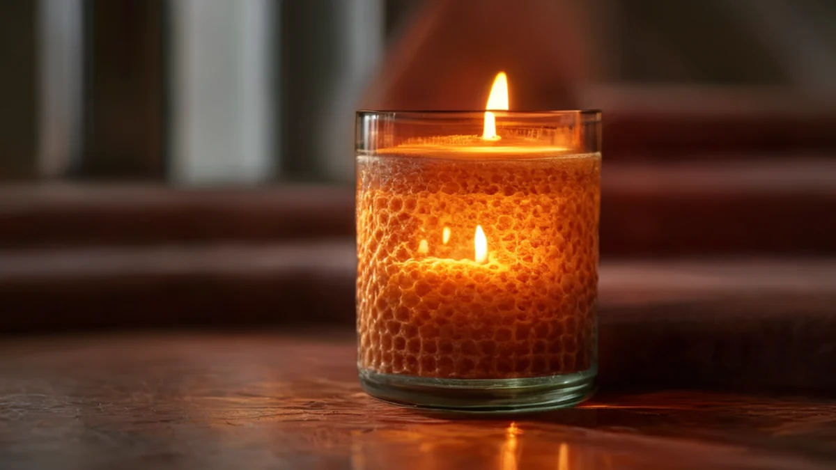 Korkstiefele-Candle mit Holzstiege und Wachs, entzündet.
