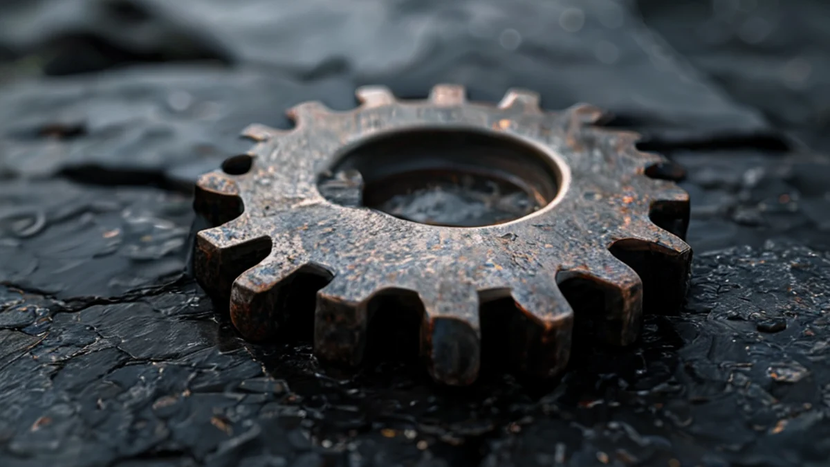 A small, corroded metal gear with faded markings.