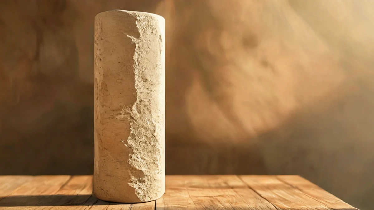Una colonna di pietra sabbia, liscia e opaca, su un tavolo in legno sotto una luce calda, profondità di campo sottile, realismo fotografico, focus acuto, dettagli elevati