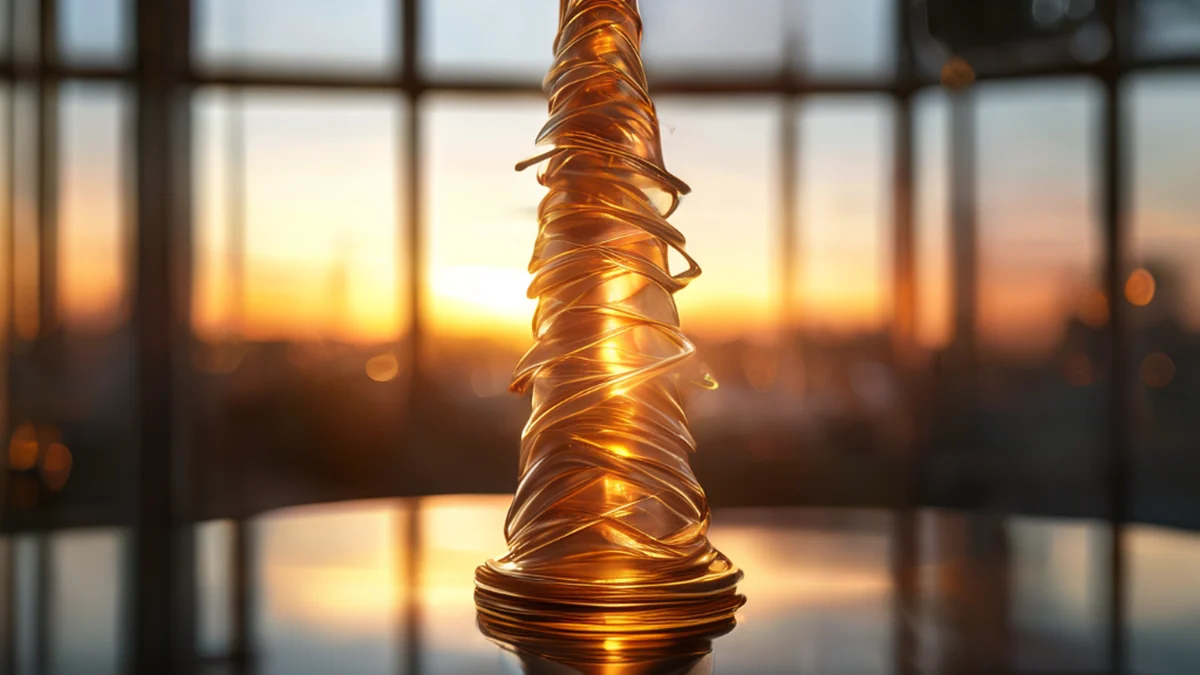 Uma fina, espiralada Ferment Spire, superfície metálica, luz da hora dourada, sobre uma mesa de vidro, profundidade de campo suave, fotorealista, foco afiado, detalhes altos
